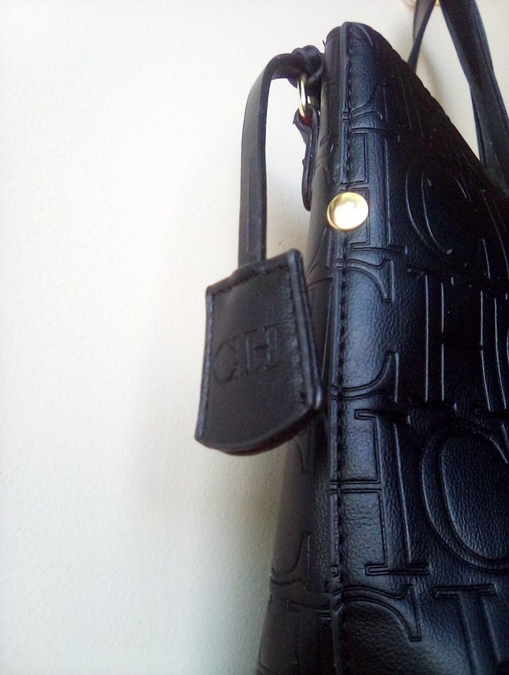 Women’s Embossed CHCH Logo Tote Bag in Black with Red Interior - Picture 6 of 10